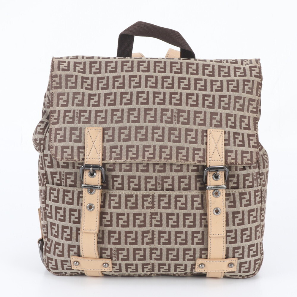 Fendi Zucchino 8BZ003 Leather Canvas Backpack Shoulder Bag for Women